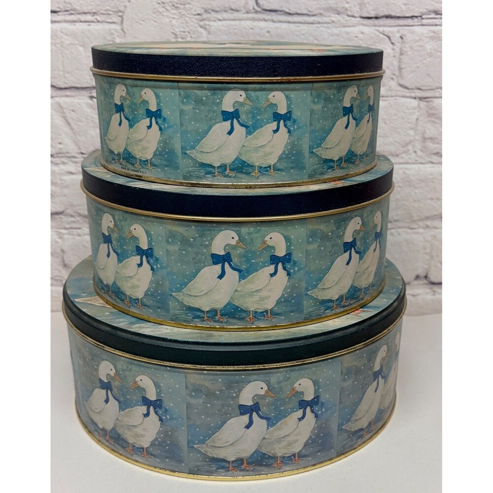 Vtg Country Geese With Blue Ribbon Nesting Kitchen Canister Biscuit Tins Set